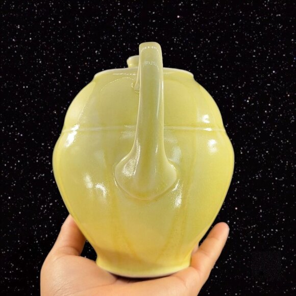 Vintage Light Yellow Stoneware Ceramic Teapot Yellow Glazed Paneled W Lid 9”W - Picture 15 of 16